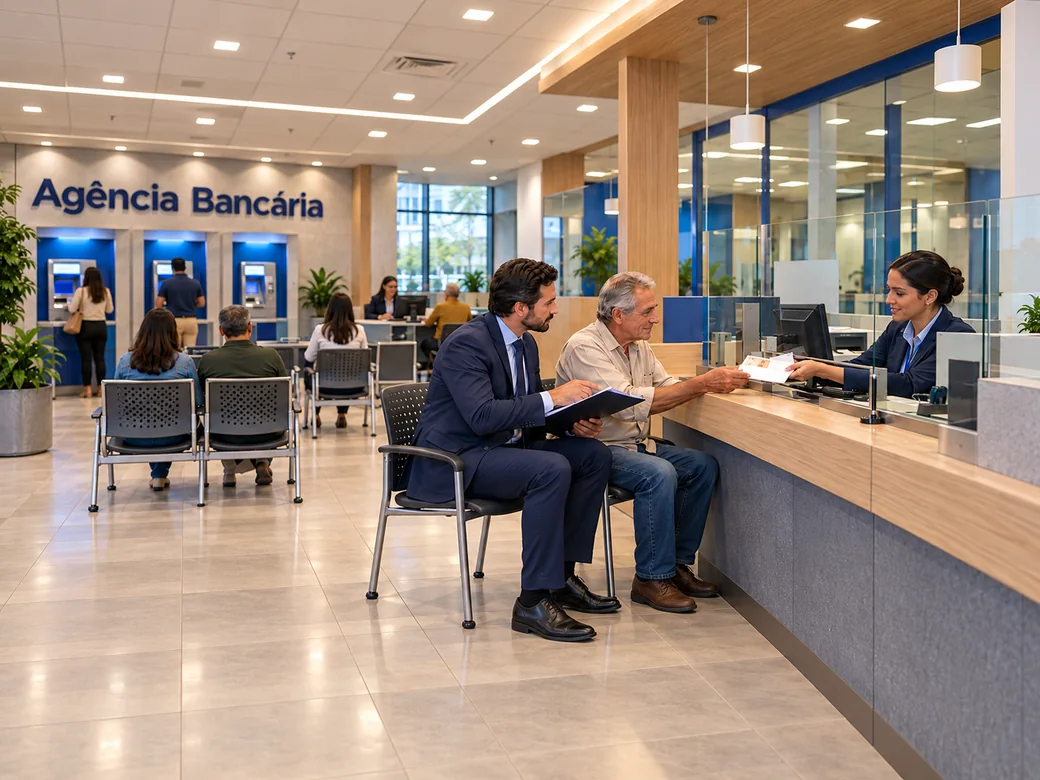Advogado acompanhando um cliente no atendimento de uma agência bancária