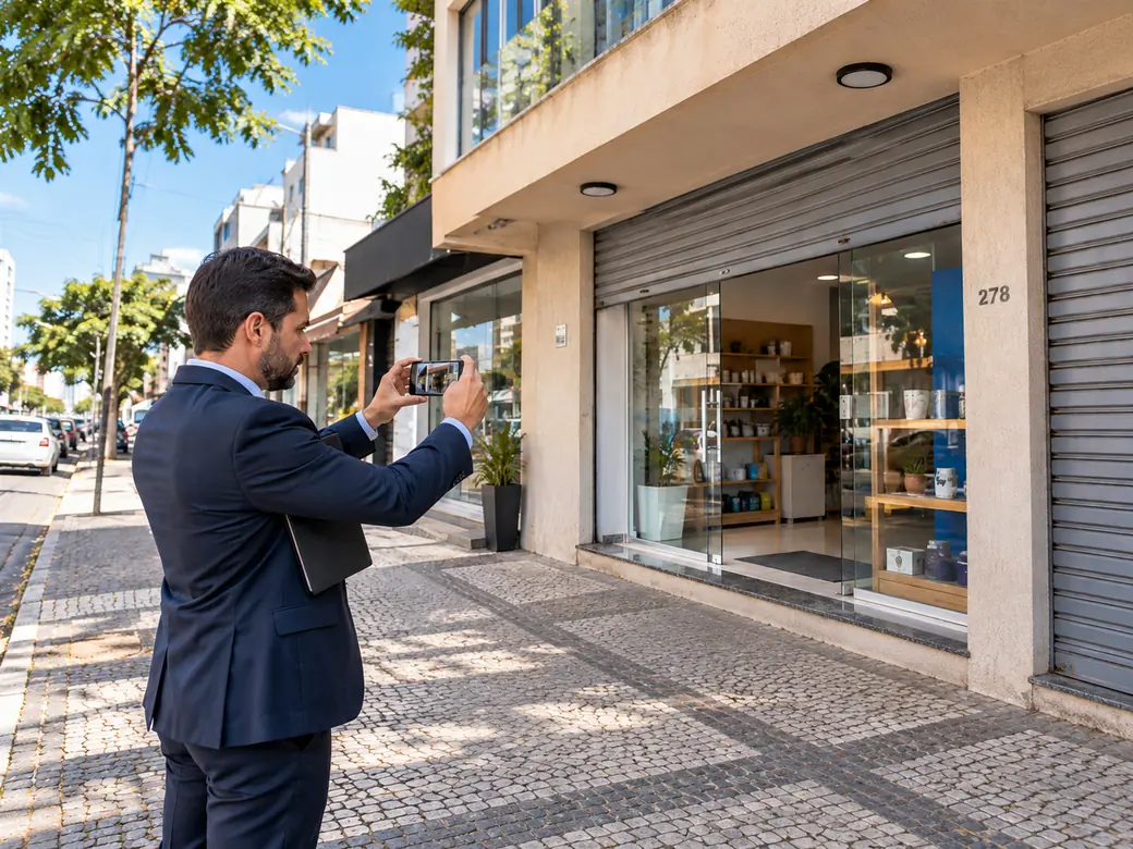 Advogado registrando com o celular a fachada de um imóvel